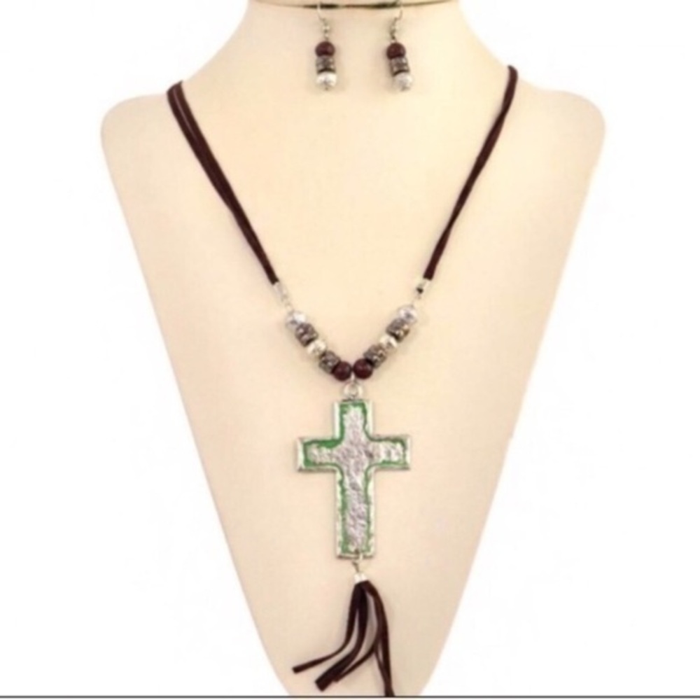 Brand New Silver Patina Large Cross With Hematite Disk Beads Necklace & Earrings